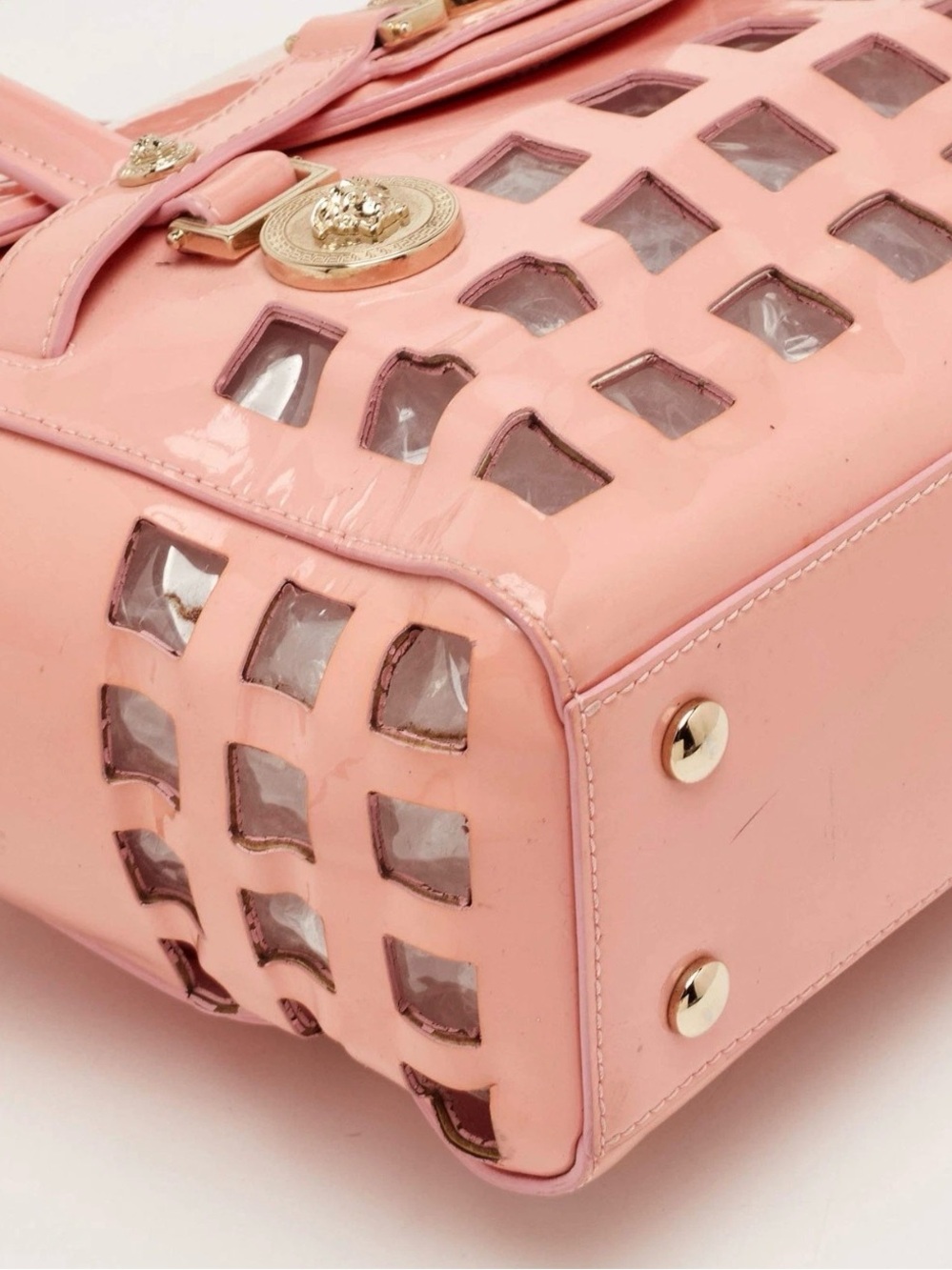 Versace Pink Patent Leather Medusa Cutout Satchel Crossbody Bag Golden Hardware - Picture 10 of 16
